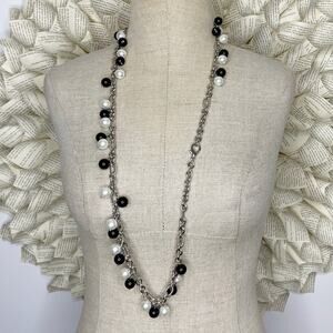 Silvertone Necklace With Black & Faux Pearls